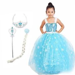 Karlar Ülkesi Elsa Frozen Kostümü + Tacı + Asası + Saçı Full Set 5-7 Yaş