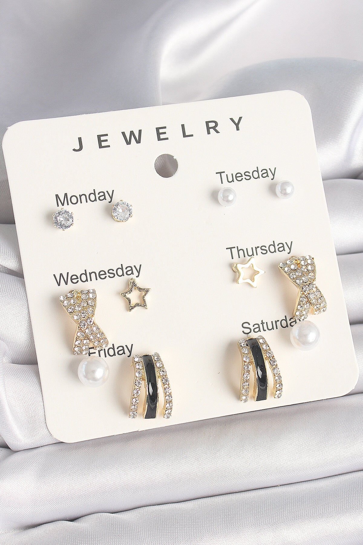 Pirinç Gold Renk Zirkon Taş Yıldız Detaylı İncili 7'Li Set Kadın Küpe Seti - TJ-BKP10320