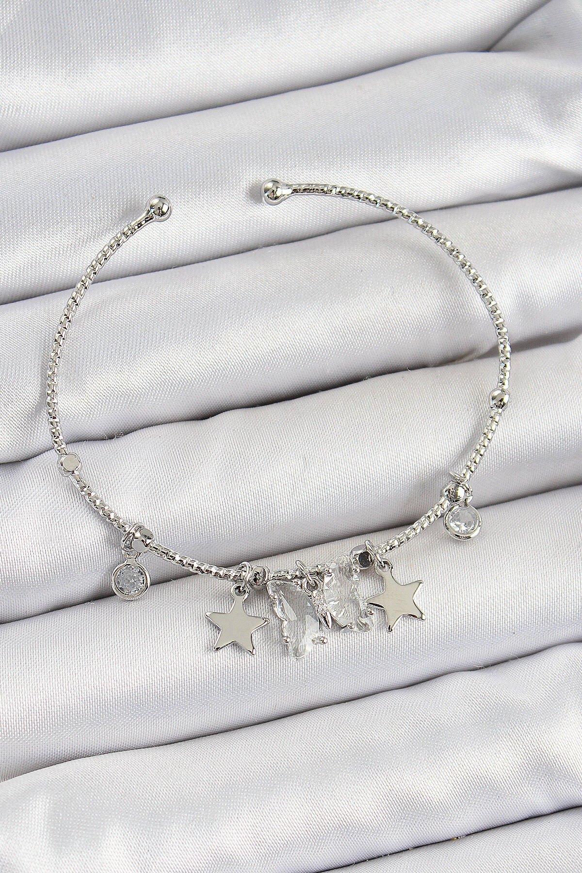 Pirinç Zirkon Taşlı Kelebek Ve Yıldız Model Gümüş Renk Charm Bileklik - TJ-BB7345