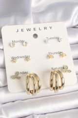 Pirinç Gold Renk Zirkon Taşlı Yıldız Detay Halka Figür 7'Li Set Kadın Küpe - TJ-BKP10321