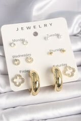 Pirinç Gold Renk Zirkon Taşlı Yonca Halka Figür 7'Li Set Kadın Küpe - TJ-BKP10322