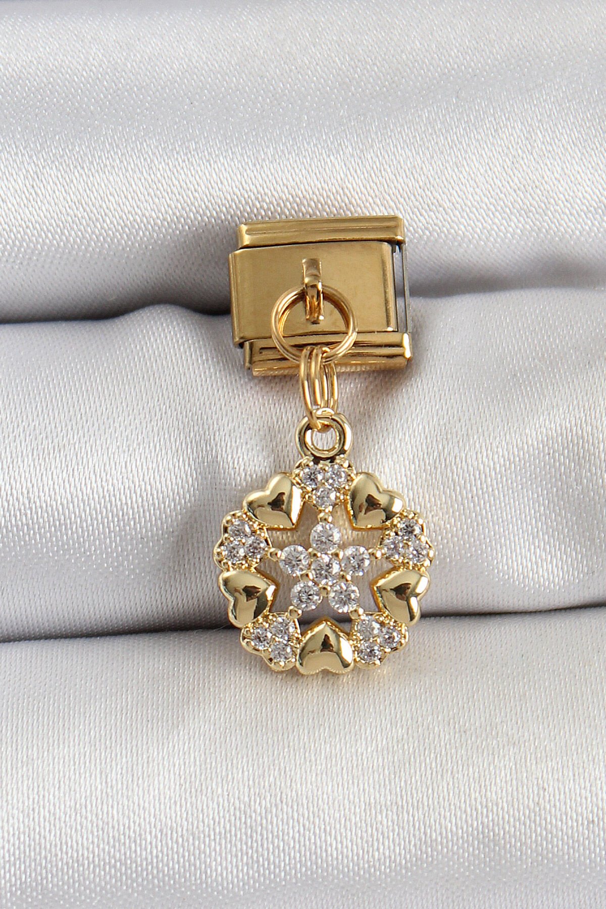 316L Çelik Sallantılı Zirkon Taşlı Kalp Detaylı Yıldz Model Gold Renk Nomination Charm - TJ-BC1415