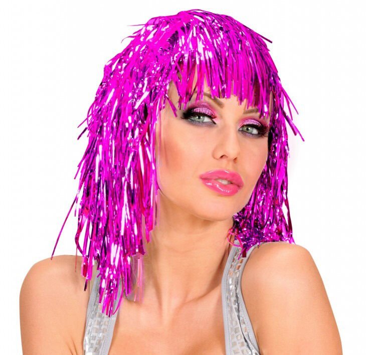 Pembe Fuşya Işıltılı Metalize Parti Peruğu