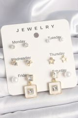 Pirinç Gold Renk Zirkon Taşlı Yıldız Figür Sallantı Beyaz Mineli Model 7'Li Kadın Küpe Seti - TJ-BKP10323