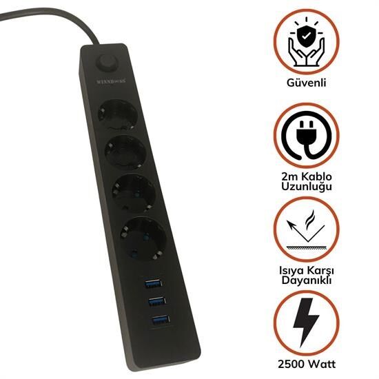 Termak Akım Korumalı 4 Priz 3 USB Girişli Uzatma Kablosu Güç ve Şarj SİYAH RENK GÖNDERİLİR (4944)