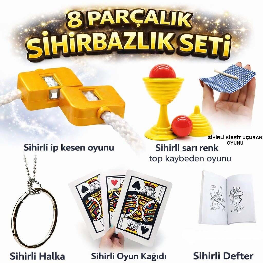 8’li Sihirbazlık Seti (Kibrit, Defter, Halka, Kupa, İp, 3’lü Kart)