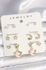 Pirinç Gold Renk Zirkon Taşlı Hilal Figür İnci Detay Sallantı Yıldız Hilal Figür 7'Li Kadın Küpe Seti - TJ-BKP10325