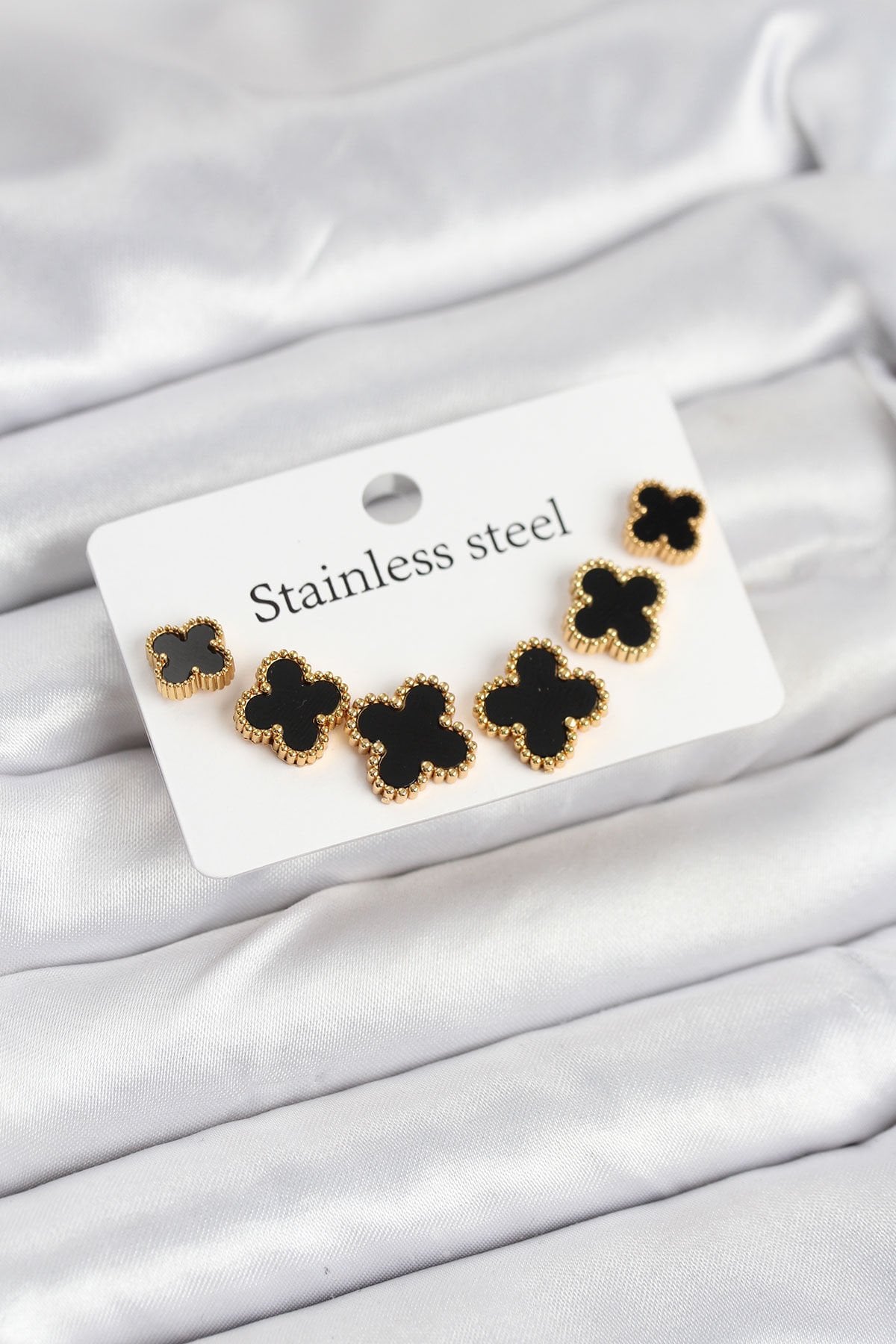 316L Çelik Gold Siyah Renk 3 Boy Yonca Küpe Seti - TJ-BKP11235