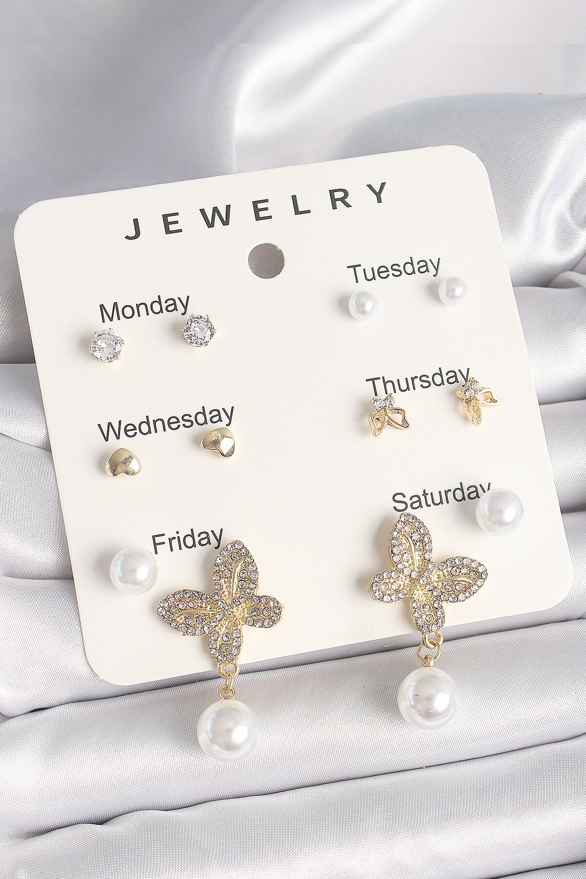 Pirinç Gold Renk Sallantı Zirkon Taşlı Kelebek Figür İnci Detay 7'Li Kadın Küpe Seti - TJ-BKP10326