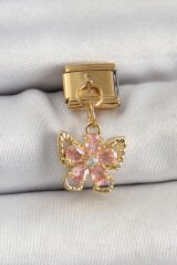 316L Çelik Sallantılı Zirkon Taşlı Çiçek Figürlü Kelebek Model Gold Renk Nomination Charm - TJ-BC1419