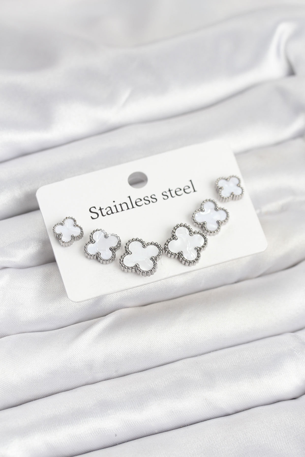 316L Çelik Gümüş Beyaz Renk 3 Boy Yonca Küpe Seti - TJ-BKP11236