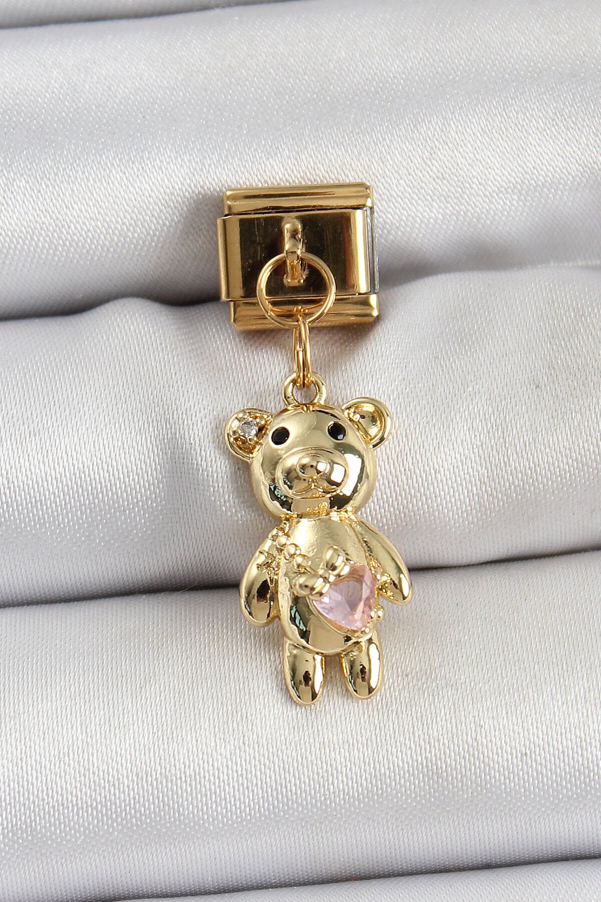 316L Çelik Sallantılı Zirkon Taşlı Ayıcık Model Gold Renk Nomination Charm - TJ-BC1421