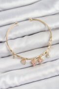 Pirinç Zirkon Taşlı Pembe Kalp Model Gold Renk Charm Bileklik - TJ-BB7356