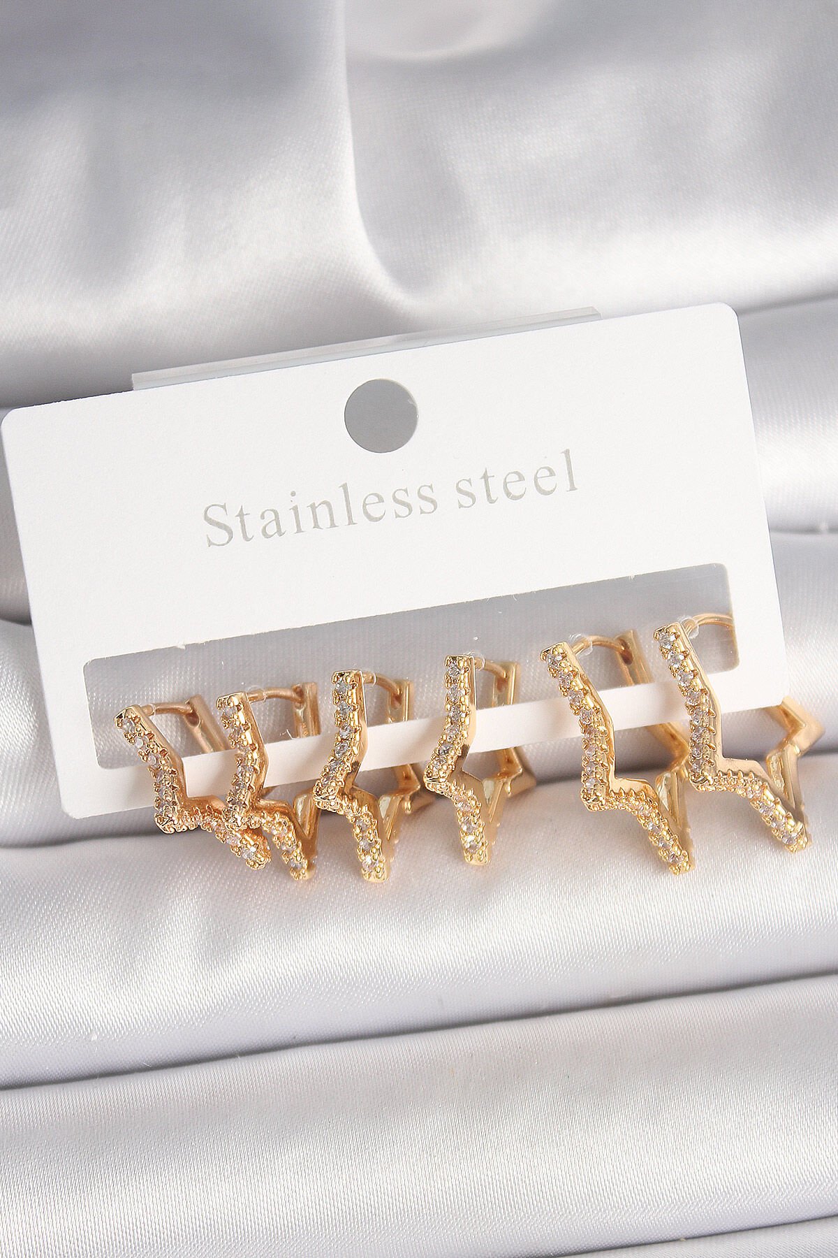 Pirinç Gold Renk Zirkon Taşlı 3 Çift Yıldız Model Kadın Küpe - TJ-BKP10332