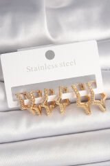 Pirinç Gold Renk Zirkon Taşlı 3 Çift Yıldız Model Kadın Küpe - TJ-BKP10332