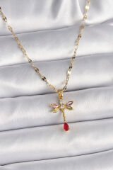 316L Çelik Gold Renk Zincir Renkli Zirkon Taşlı Yusufçuk Model Kadın Kolye - TJ-BKO9567