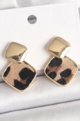 Pirinç Gold Renk Sallant Kare Leopar Desen Model Kadın Küpe - TJ-BKP10341