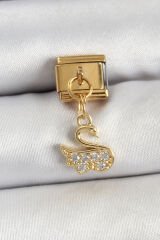 316L Çelik Sallantılı Zirkon Taşlı KuğuModel Gold Renk Nomination Charm - TJ-BC1439