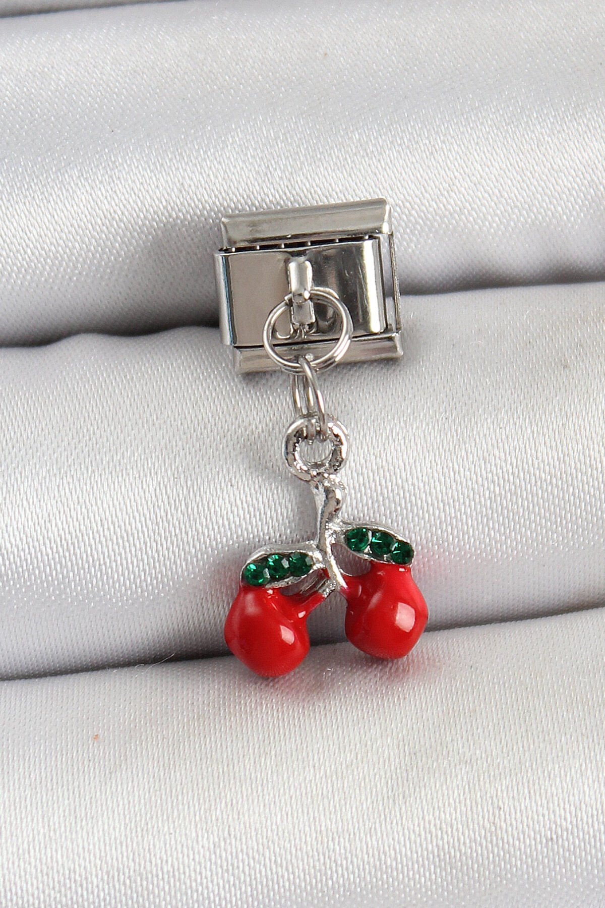 316L Çelik Sallantılı Kırmızı Kiraz Model Gümüş Renk Nomination Charm - TJ-BC1443