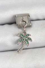 316L Çelik Sallantılı Zirkon Taşlı Palmiye Ağacı Model Gümüş Renk Nomination Charm - TJ-BC1445