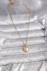 316L Çelik Gold Renk Zincir 3D İnci Kalp Model Kadın Kolye - TJ-BKO9713