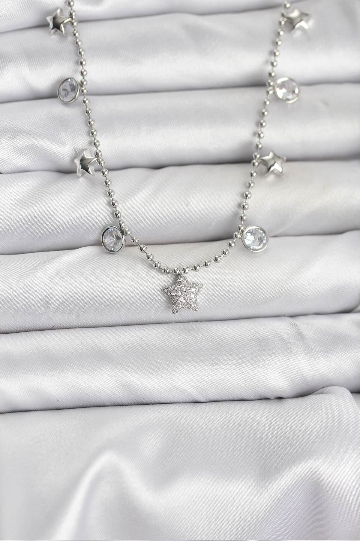 Pirinç Gümüş Renk Yıldız Model Kadın Kolye - TJ-BKO10650