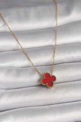 316L Çelik Gold Renk Kırmızı Yonca Model Kadın Kolye - TJ-BKO10015