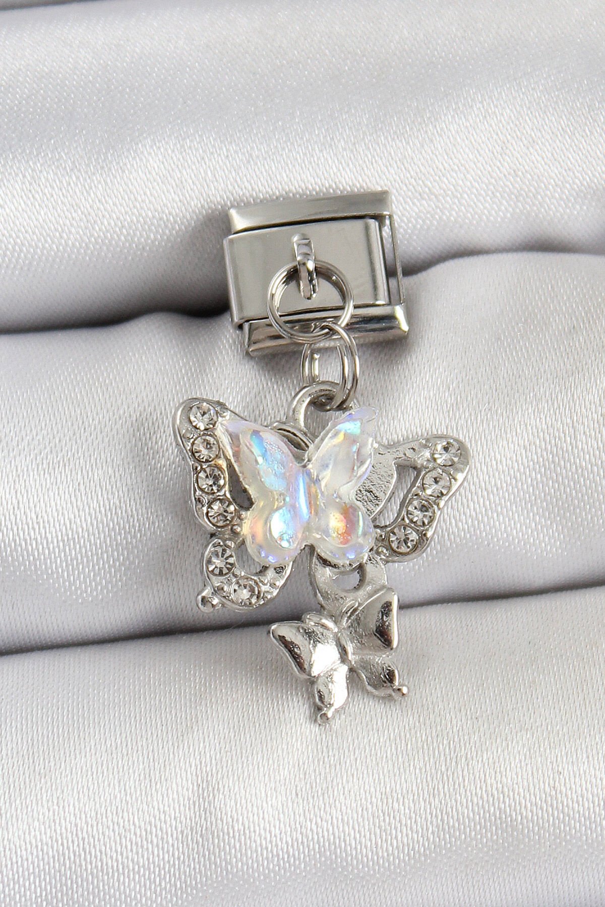 316L Çelik Sallantılı Zirkon Taşlı Kelebek Model Gümüş Renk Nomination Charm - TJ-BC1458