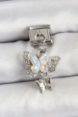 316L Çelik Sallantılı Zirkon Taşlı Kelebek Model Gümüş Renk Nomination Charm - TJ-BC1458