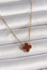 316L Çelik Gold Renk Bordo Yonca Model Kadın Kolye - TJ-BKO10018