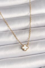 316L Çelik Gold Renk Beyaz Yonca Model Kadın Kolye - TJ-BKO10019