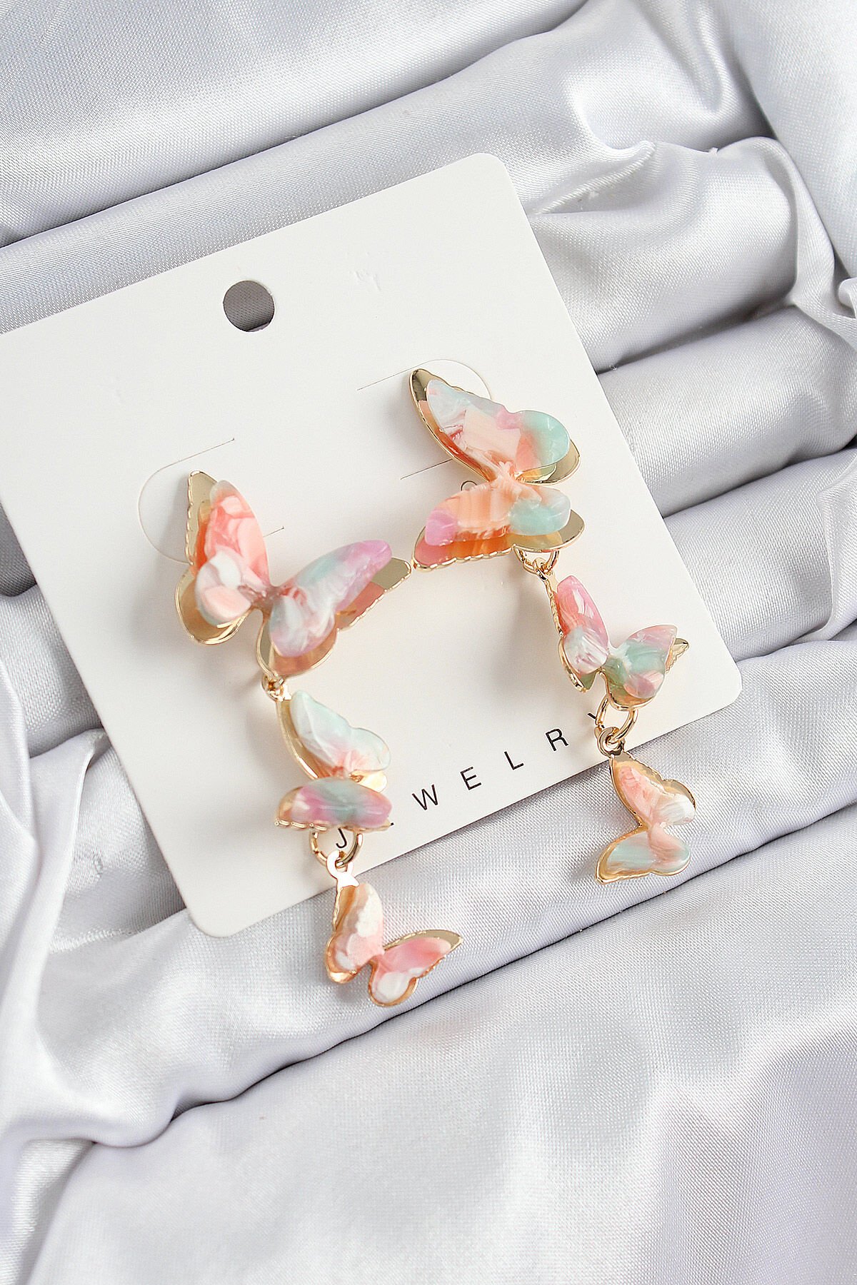 Pirinç Sedef Sallantılı Mermer Desenli Kelebek Model Gold Renk Vintage Kadın Küpe - TJ-BKP10869