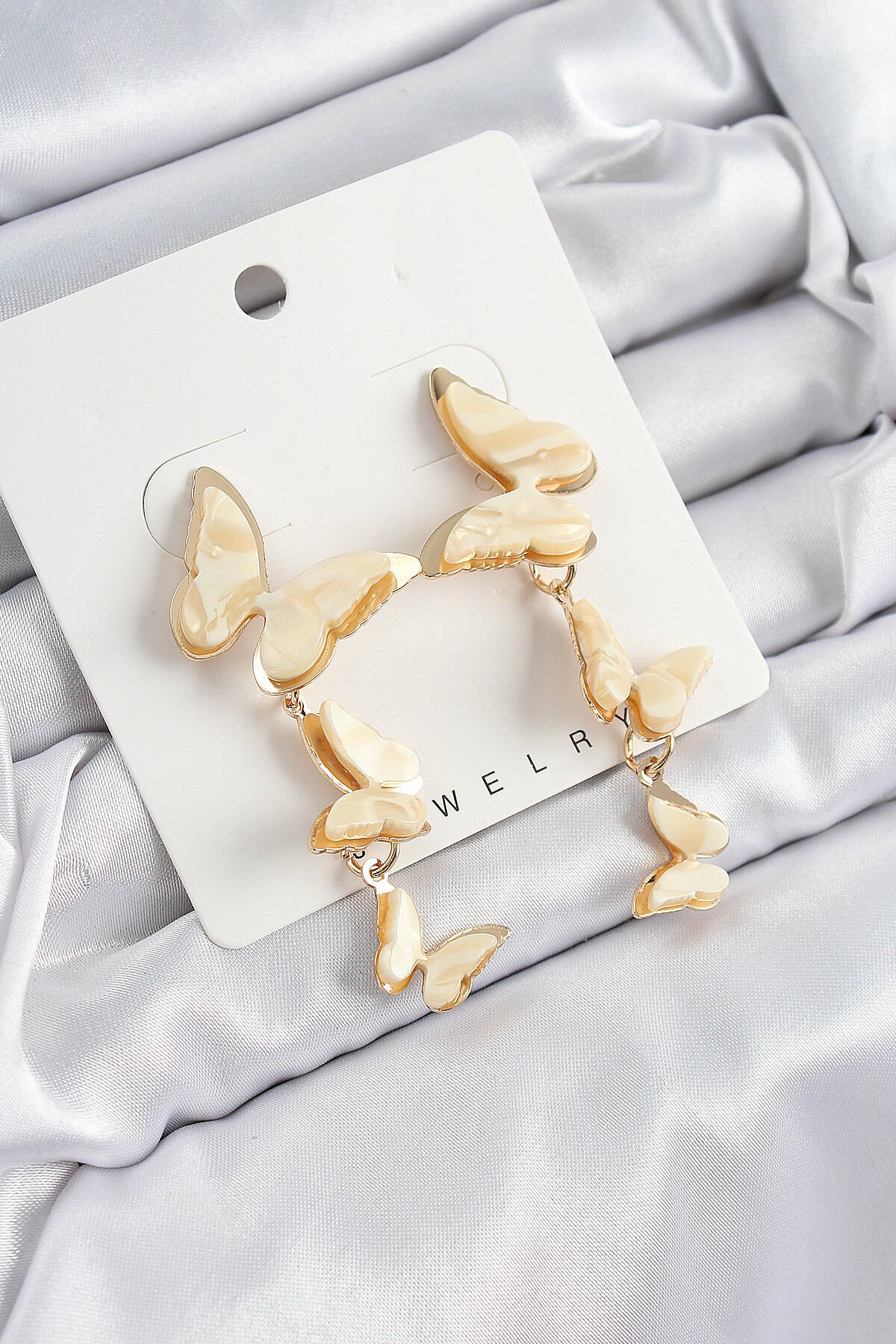 Pirinç Sedef Sallantılı Mermer Desenli Kelebek Model Gold Renk Vintage Kadın Küpe - TJ-BKP10871