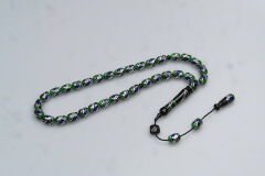 Oltu Taşı ve Yeşil Galalith  Çift Çeşmi İşlemeli Tespih