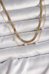 316L Çelik Gold Renk 2'Li İtalyan Zincir İnci Detay Kadın Kolye - TJ-BKO9735