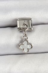 316L Çelik Sallantılı Beyaz Sedef Yonca Model Gümüş Renk Nomination Charm - TJ-BC1472