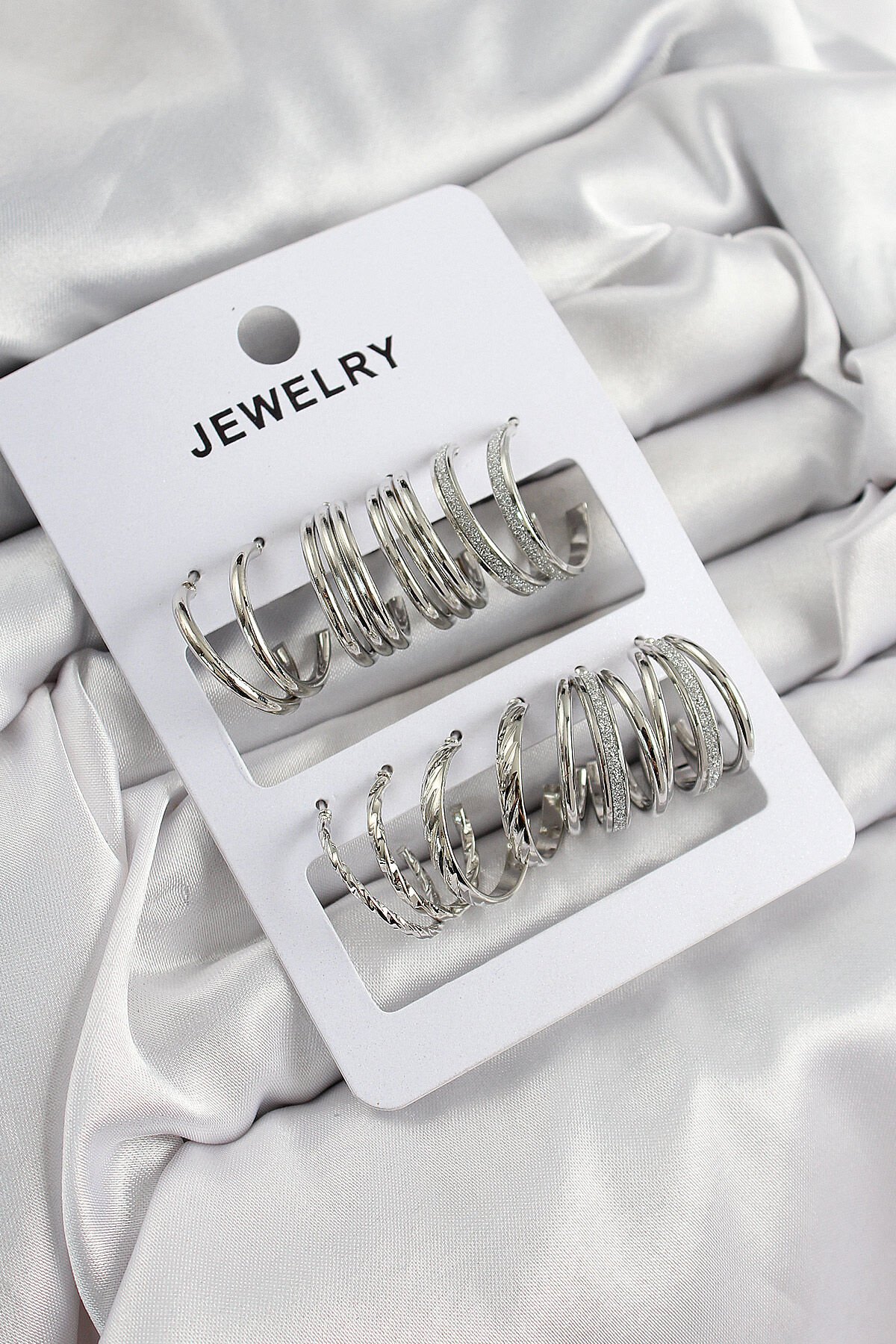 Pirinç Karışık Halka Model Gümüş Renk 6 Çift Kadın Küpe Set - TJ-BKP10878