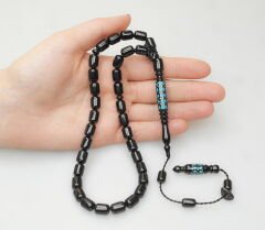 Oltu Taşı Oyma İmame ve Mavi Mine İşleme  Sade Tespih