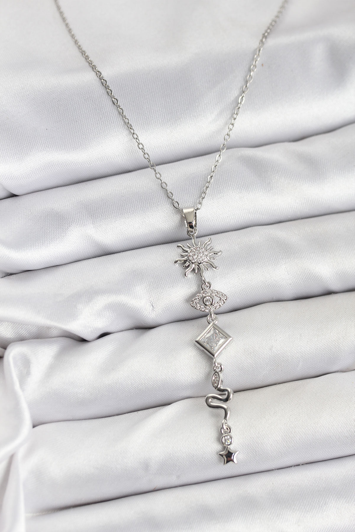 316L Çelik Zincir Gümüş Renk Güneş ve Enerji Model Kadın Y Kolye - TJ-BKO10669