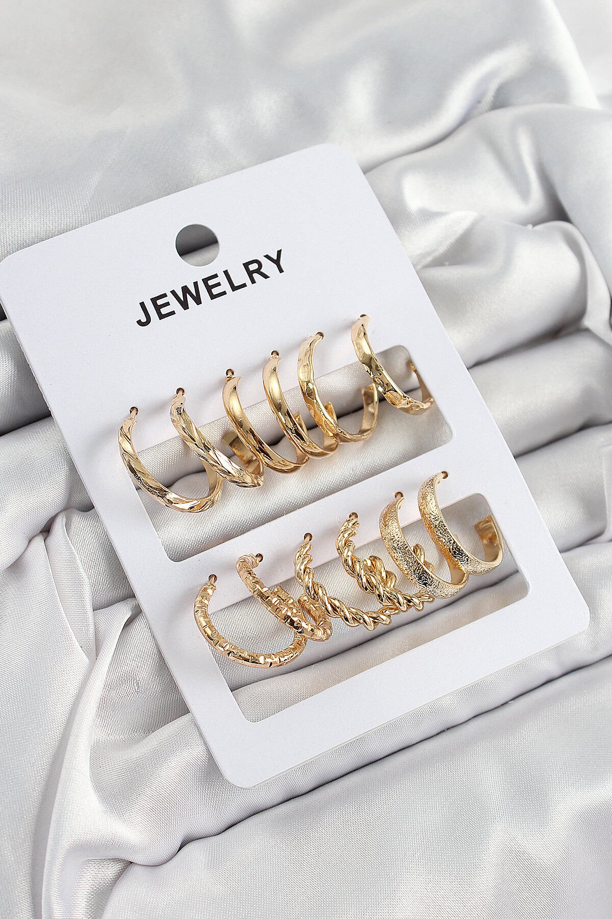 Pirinç Karışık Halka Model Gold Renk 6 Çift Kadın Küpe Set - TJ-BKP10882