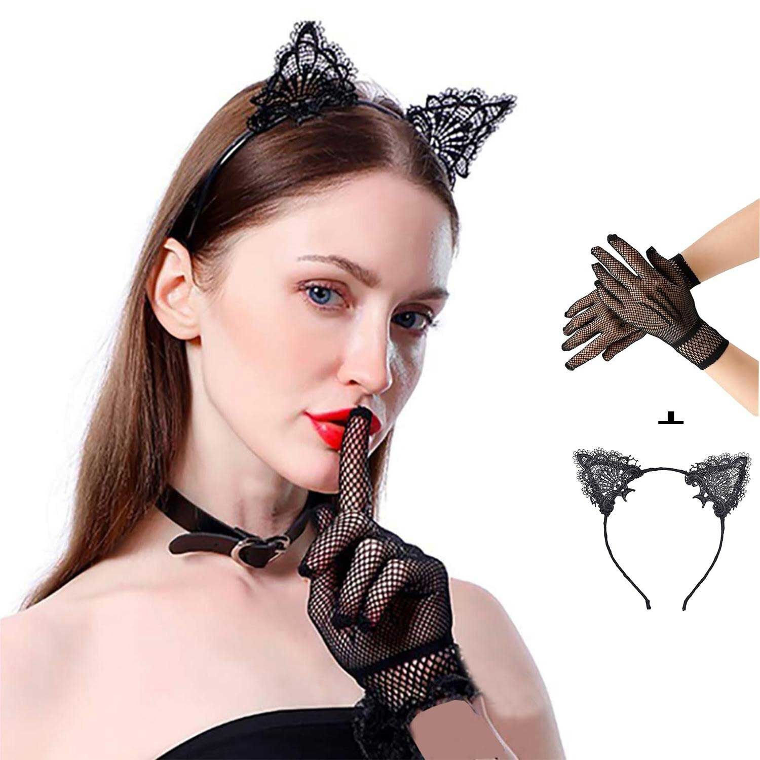 Siyah Kedi Dantel Taç + Eldiven Seti – Parti, Dans ve Kostüm Kombini