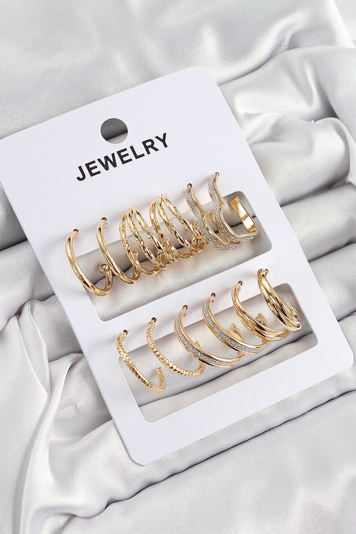 Pirinç Karışık Halka Model Gold Renk 6 Çift Kadın Küpe Set - TJ-BKP10884