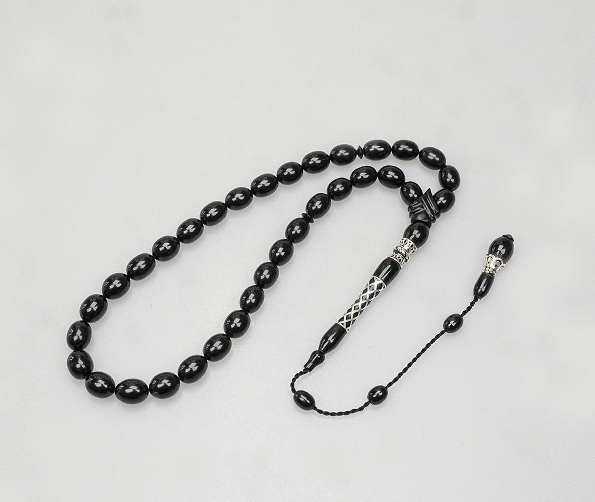 Oltu Taşı Kare Baklava Desenli  İmame Gümüş İşleme Sade Tespih