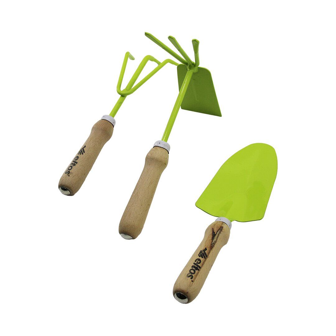 ELTOS EBS-003  3PCS  BAHÇE HOBİ SETİ  RENKLİ METAL   ÇİFT BAŞLI ÇAPA - 3 DİŞLİ TIRMIK - KÜREK  AHŞAP SAPLI (4944)
