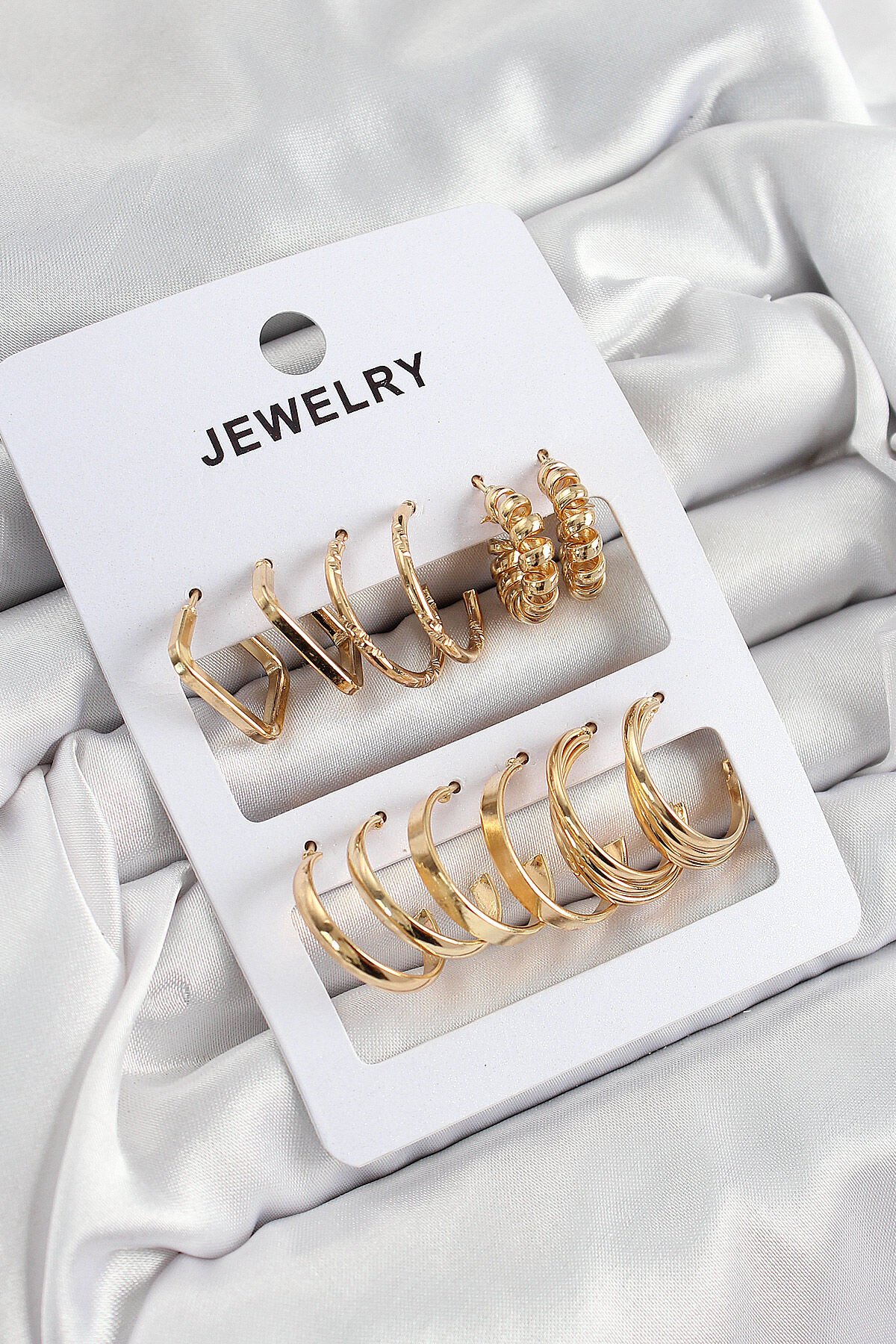 Pirinç Karışık Halka Model Gold Renk 6 Çift Kadın Küpe Set - TJ-BKP10886