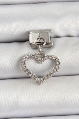 316L Çelik Sallantılı Zirkon Taşlı Kalp Model Gümüş Renk Nomination Charm - TJ-BC1483