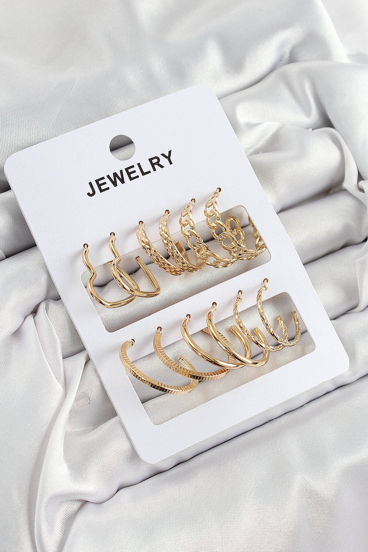 Pirinç Karışık Halka Model Gold Renk 6 Çift Kadın Küpe Set - TJ-BKP10887