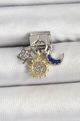 316L Çelik Sallantılı Zirkon Taşlı Güneş Ay Ve Yıldız Çoklu Model Gümüş Renk Nomination Charm - TJ-BC1484