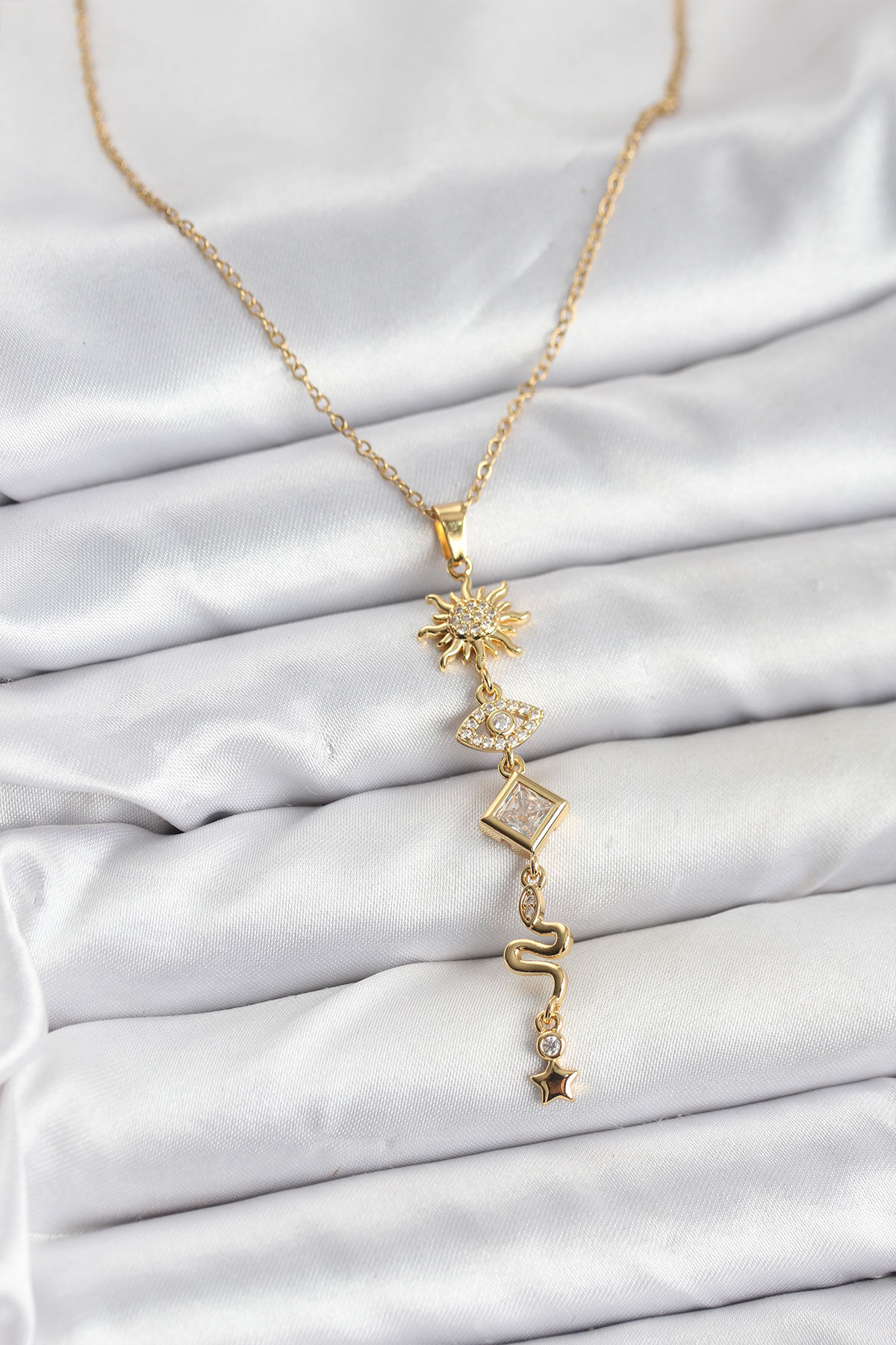 316L Çelik Zincir Gold Renk Güneş ve Enerji Model Kadın Y Kolye - TJ-BKO10668