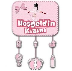 Pembe Renk Hoşgeldin Kızım Temalı Kapı Süsü Süsleme 40x60 cm